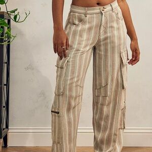 Urban Outfitters Alexandra Linen Cargo Pants XS Festival Stripes Vacation Resort